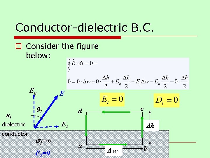 Conductor-dielectric B. C. o Consider the figure below: En e 1 q 1 c