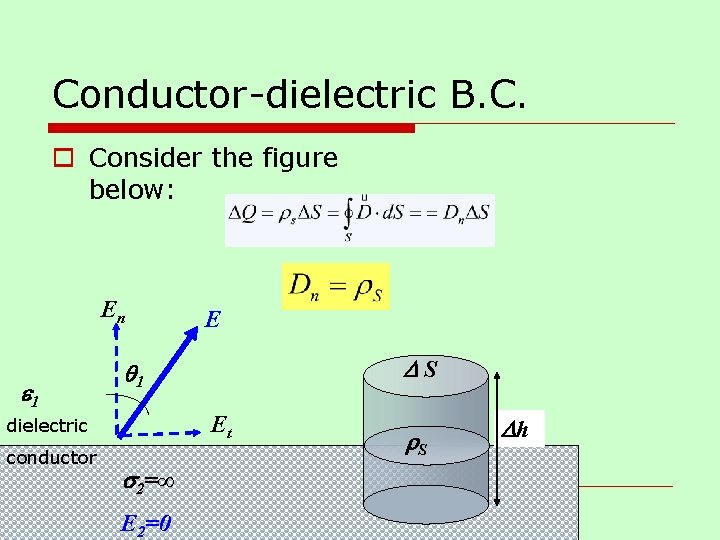 Conductor-dielectric B. C. o Consider the figure below: En e 1 DS q 1