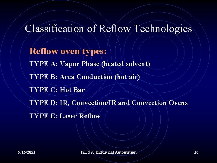 Classification of Reflow Technologies Reflow oven types: TYPE A: Vapor Phase (heated solvent) TYPE