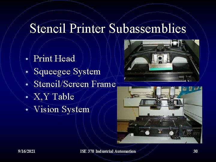 Stencil Printer Subassemblies • Print Head • Squeegee System • Stencil/Screen Frame • X,