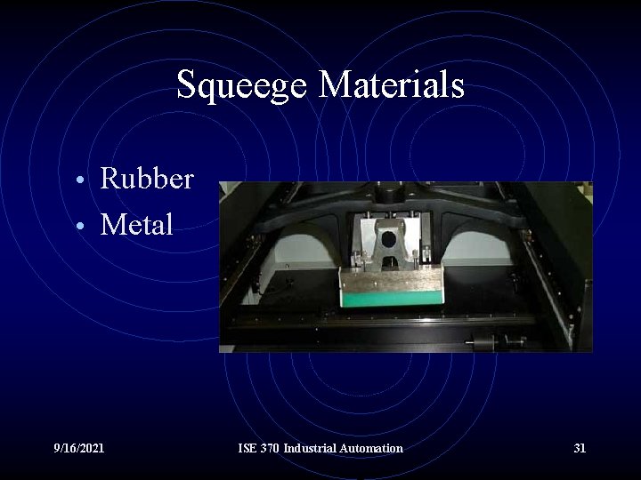 Squeege Materials • Rubber • Metal 9/16/2021 ISE 370 Industrial Automation 31 