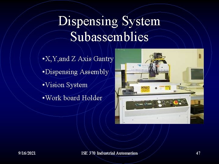 Dispensing System Subassemblies • X, Y, and Z Axis Gantry • Dispensing Assembly •