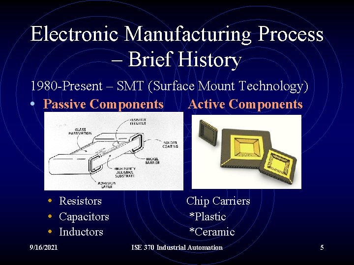 Electronic Manufacturing Process – Brief History 1980 -Present – SMT (Surface Mount Technology) •