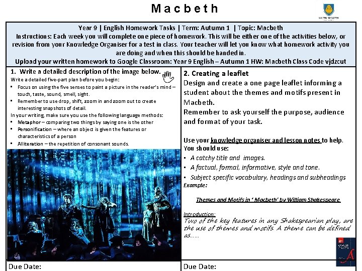 Macbeth Year 9 | English Homework Tasks | Term: Autumn 1 | Topic: Macbeth
