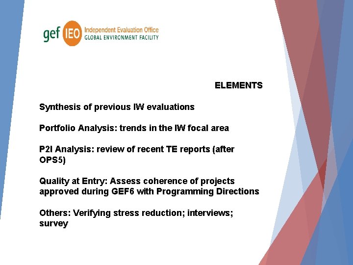 ELEMENTS Synthesis of previous IW evaluations Portfolio Analysis: trends in the IW focal area