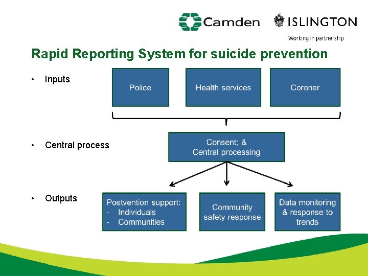 Rapid Reporting System for suicide prevention • Inputs • Central process • Outputs 