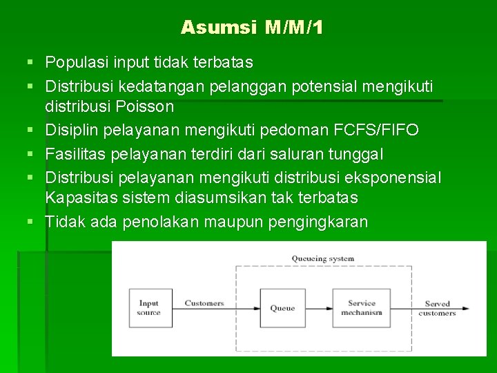 Asumsi M/M/1 § Populasi input tidak terbatas § Distribusi kedatangan pelanggan potensial mengikuti distribusi