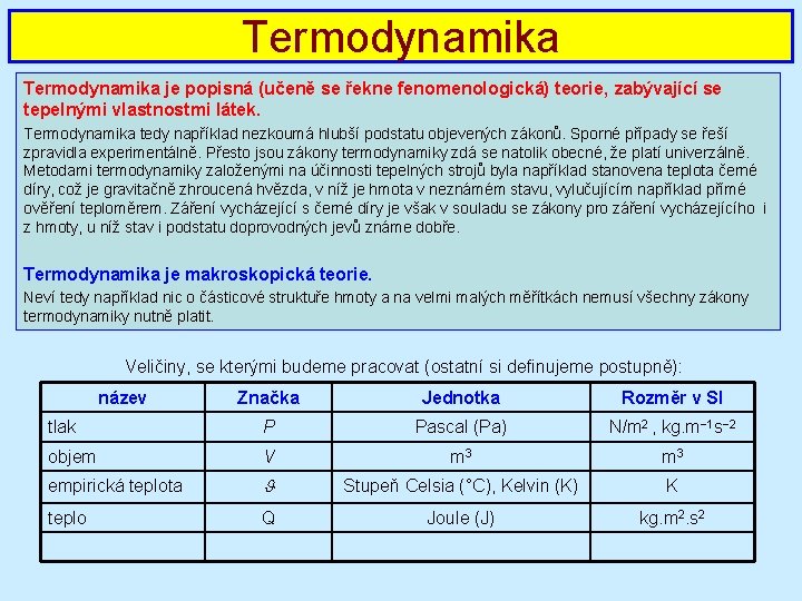 Termodynamika je popisná (učeně se řekne fenomenologická) teorie, zabývající se tepelnými vlastnostmi látek. Termodynamika