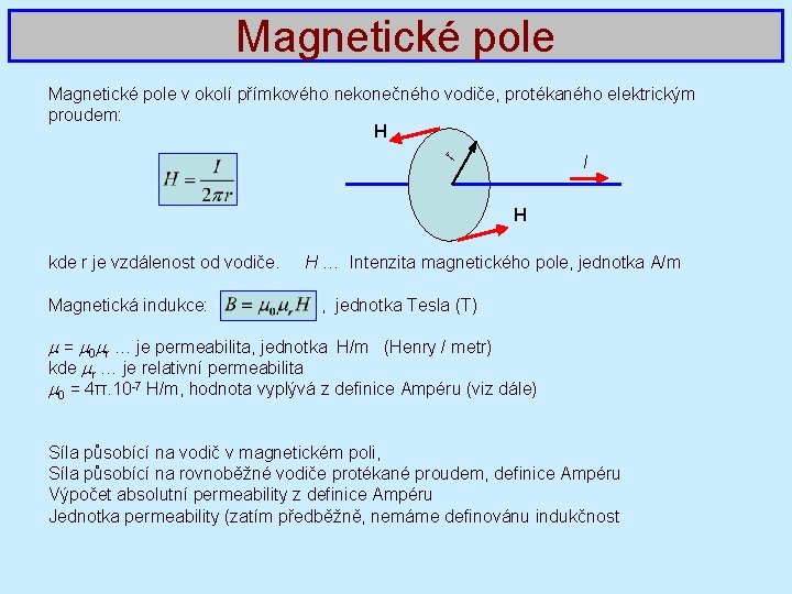 Magnetické pole v okolí přímkového nekonečného vodiče, protékaného elektrickým proudem: H r I H