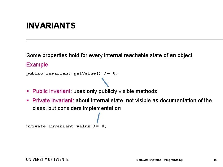 INVARIANTS Some properties hold for every internal reachable state of an object Example public