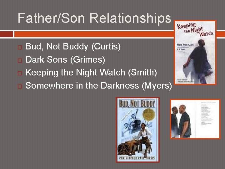 Father/Son Relationships Bud, Not Buddy (Curtis) Dark Sons (Grimes) Keeping the Night Watch (Smith)