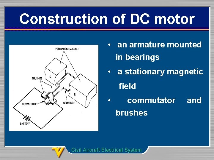 Construction of DC motor • an armature mounted in bearings • a stationary magnetic