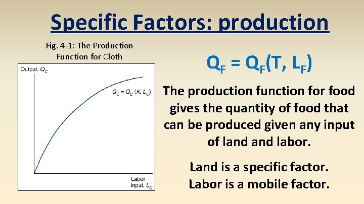 Specific Factors: production Fig. 4 -1: The Production Function for Cloth QF = QF(T,