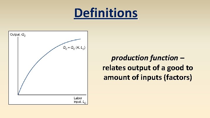 Definitions production function – relates output of a good to amount of inputs (factors)