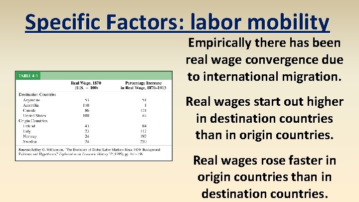 Specific Factors: labor mobility Empirically there has been real wage convergence due to international