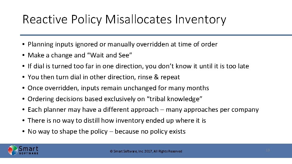 Reactive Policy Misallocates Inventory • • • Planning inputs ignored or manually overridden at