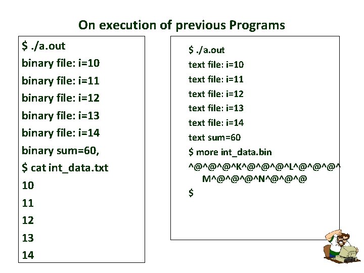 On execution of previous Programs $. /a. out binary file: i=10 binary file: i=11