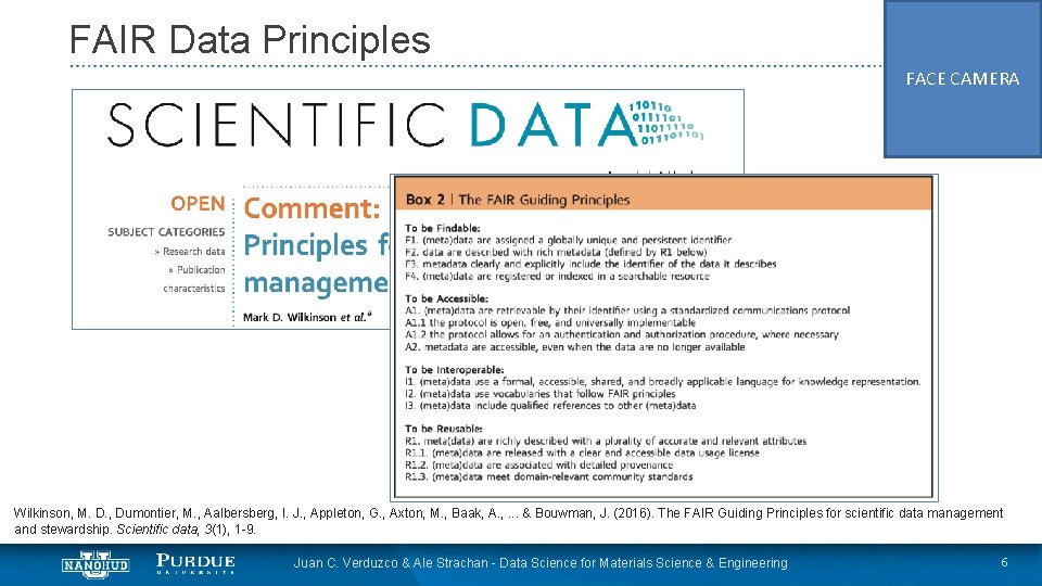 FAIR Data Principles FACE CAMERA Wilkinson, M. D. , Dumontier, M. , Aalbersberg, I.
