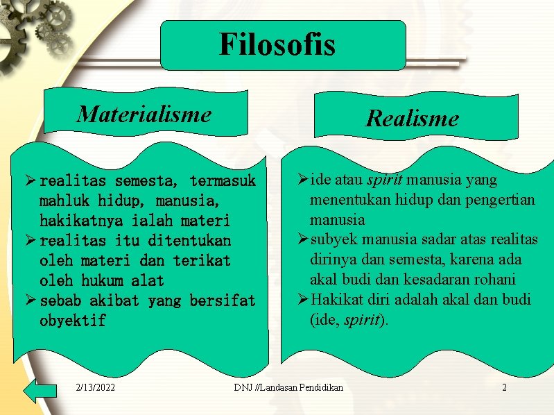 Filosofis Materialisme Realisme Ø realitas semesta, termasuk mahluk hidup, manusia, hakikatnya ialah materi Ø