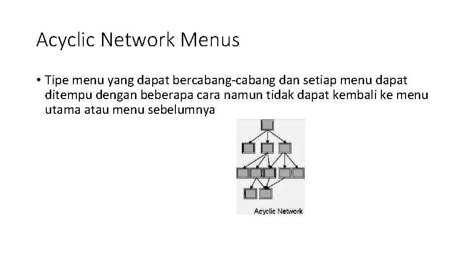 Acyclic Network Menus • Tipe menu yang dapat bercabang-cabang dan setiap menu dapat ditempu