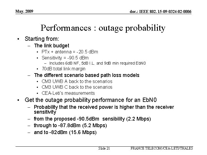 May. 2009 doc. : IEEE 802. 15 -09 -0324 -02 -0006 Performances : outage