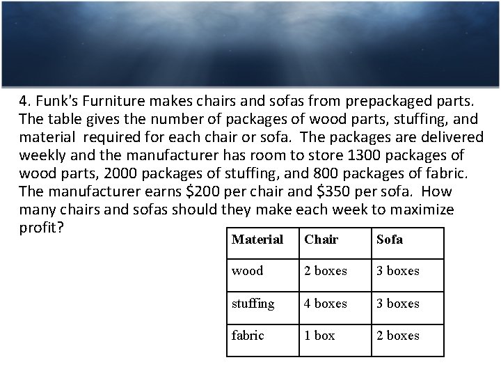 4. Funk's Furniture makes chairs and sofas from prepackaged parts. The table gives the