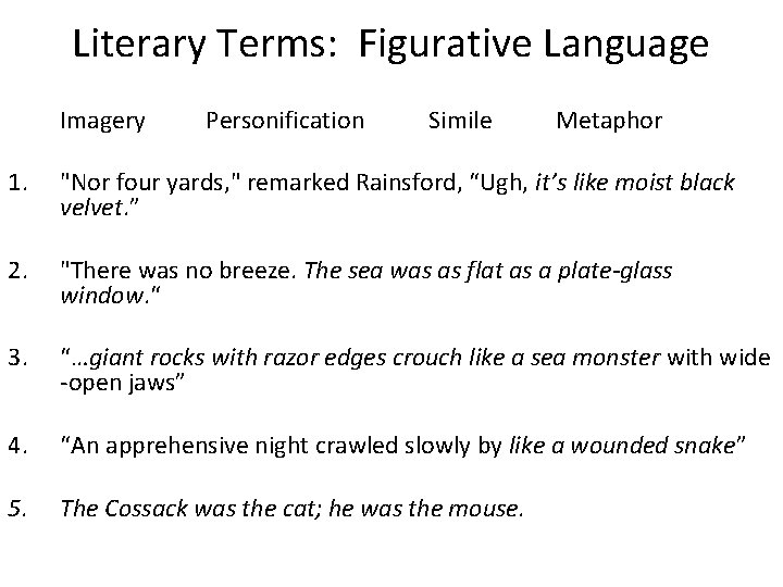 Literary Terms: Figurative Language Imagery Personification Simile Metaphor 1. "Nor four yards, " remarked