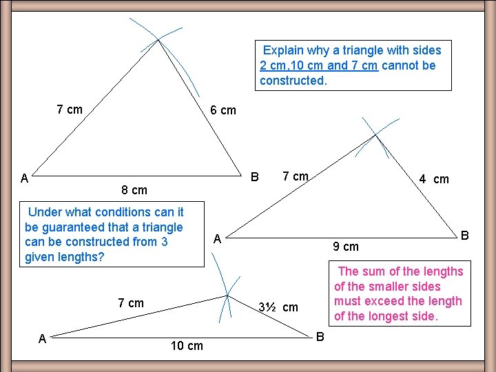 Explain why a triangle with sides 2 cm, 10 cm and 7 cm cannot