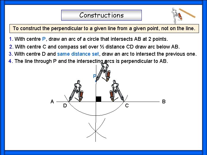 Constructions To construct the perpendicular to a given line from a given point, not