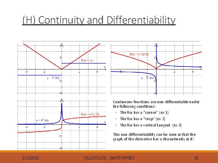 (H) Continuity and Differentiability Continuous functions are non-differentiable under the following conditions: ◦ The