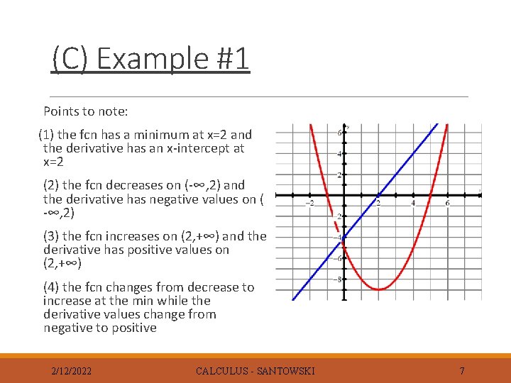 (C) Example #1 Points to note: (1) the fcn has a minimum at x=2