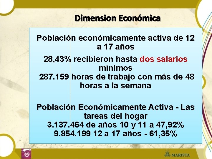 Dimension Económica Población económicamente activa de 12 a 17 años 28, 43% recibieron hasta