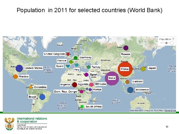 Population in 2011 for selected countries (World Bank) 10 