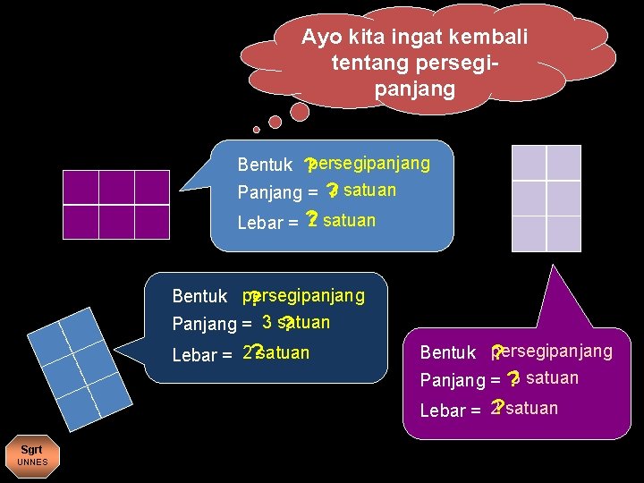 Ayo kita ingat kembali tentang persegipanjang Bentuk ? persegipanjang 3 satuan Panjang = ? Ayo kita ingat kembali tentang persegipanjang Bentuk ? persegipanjang 3 satuan Panjang = ?