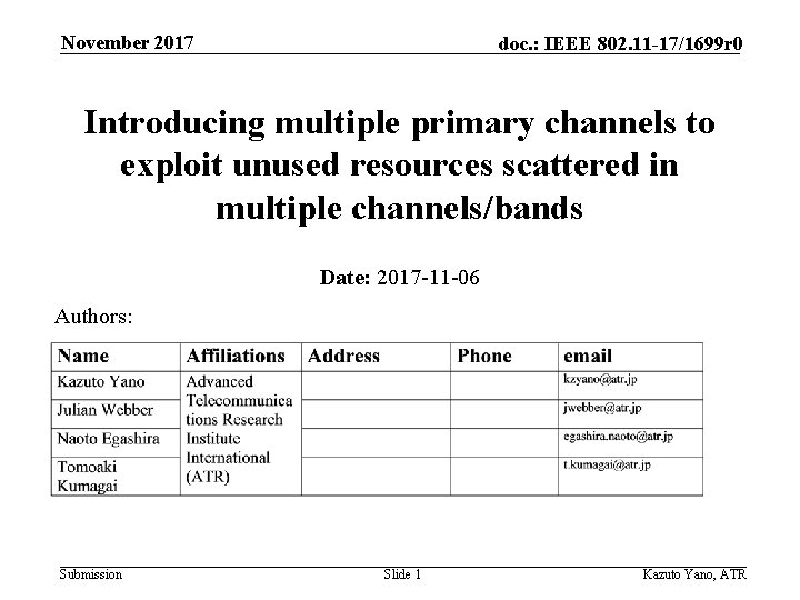 November 2017 doc. : IEEE 802. 11 -17/1699 r 0 Introducing multiple primary channels