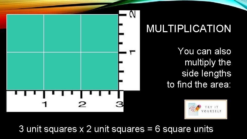 MULTIPLICATION You can also multiply the side lengths to find the area: 3 unit
