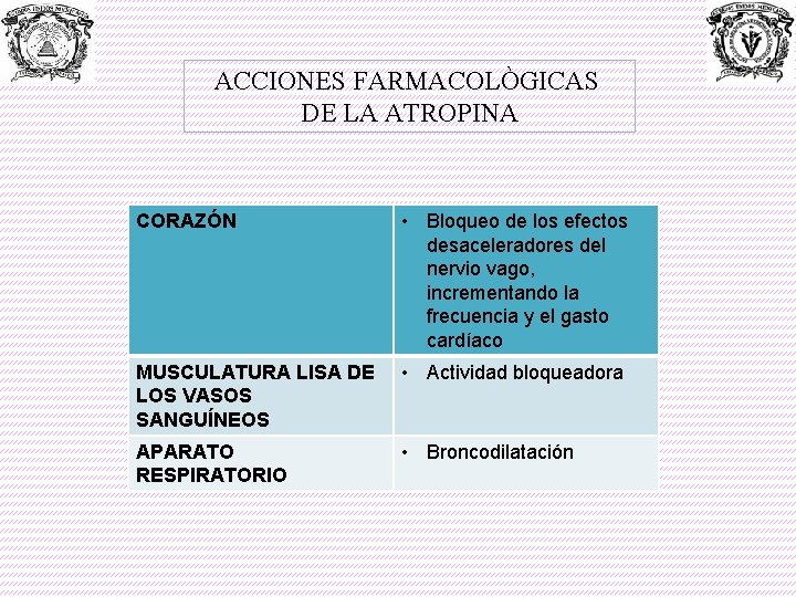 ACCIONES FARMACOLÒGICAS DE LA ATROPINA CORAZÓN • Bloqueo de los efectos desaceleradores del nervio