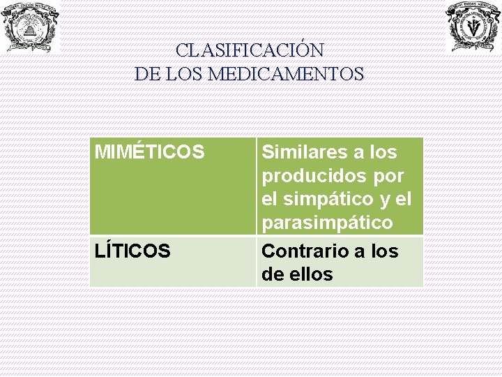 CLASIFICACIÓN DE LOS MEDICAMENTOS MIMÉTICOS LÍTICOS Similares a los producidos por el simpático y