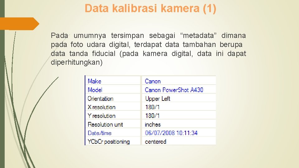 Data kalibrasi kamera (1) Pada umumnya tersimpan sebagai “metadata” dimana pada foto udara digital,