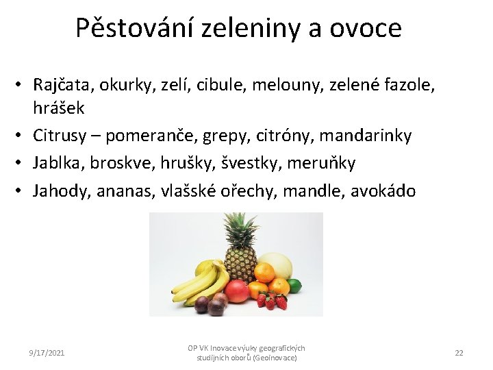 Pěstování zeleniny a ovoce • Rajčata, okurky, zelí, cibule, melouny, zelené fazole, hrášek •