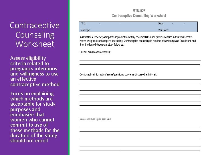 Contraceptive Counseling Worksheet Assess eligibility criteria related to pregnancy intentions and willingness to use