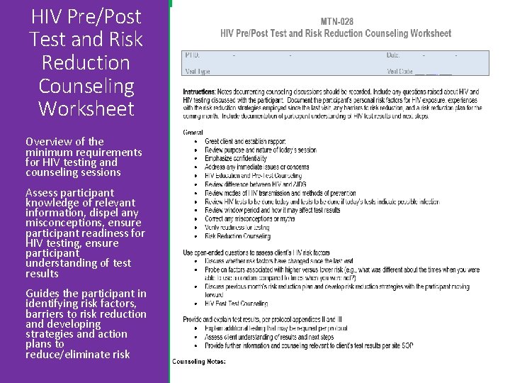 HIV Pre/Post Test and Risk Reduction Counseling Worksheet Overview of the minimum requirements for