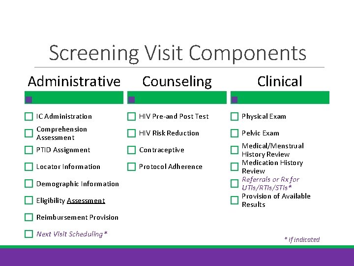 Screening Visit Components Administrative Counseling Clinical IC Administration HIV Pre-and Post Test Physical Exam