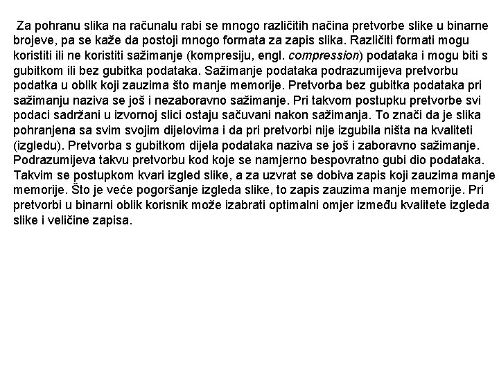 Za pohranu slika na računalu rabi se mnogo različitih načina pretvorbe slike u binarne