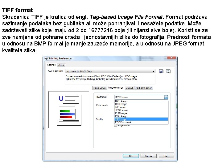 TIFF format Skraćenica TIFF je kratica od engl. Tag-based Image File Format podržava sažimanje