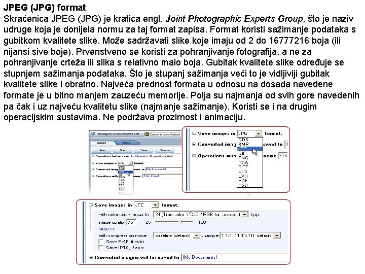 JPEG (JPG) format Skraćenica JPEG (JPG) je kratica engl. Joint Photographic Experts Group, što