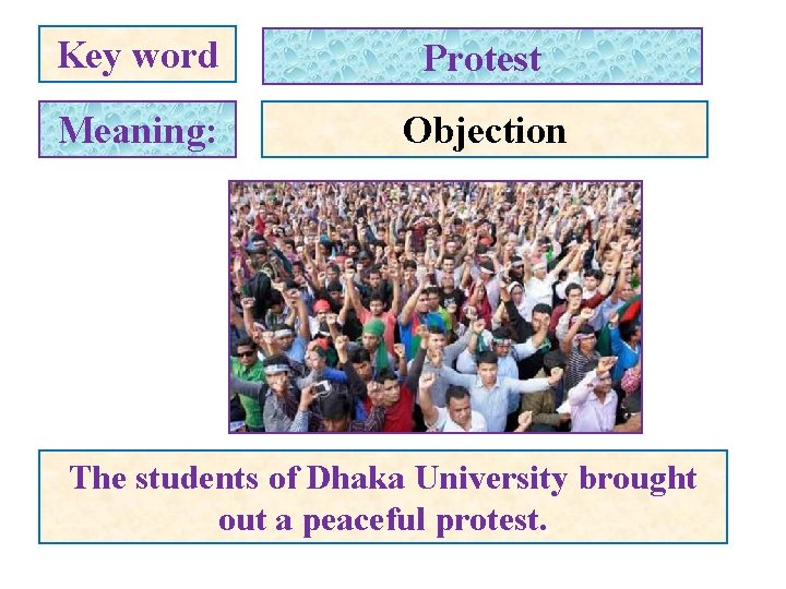 Key word Protest Meaning: Objection The students of Dhaka University brought out a peaceful