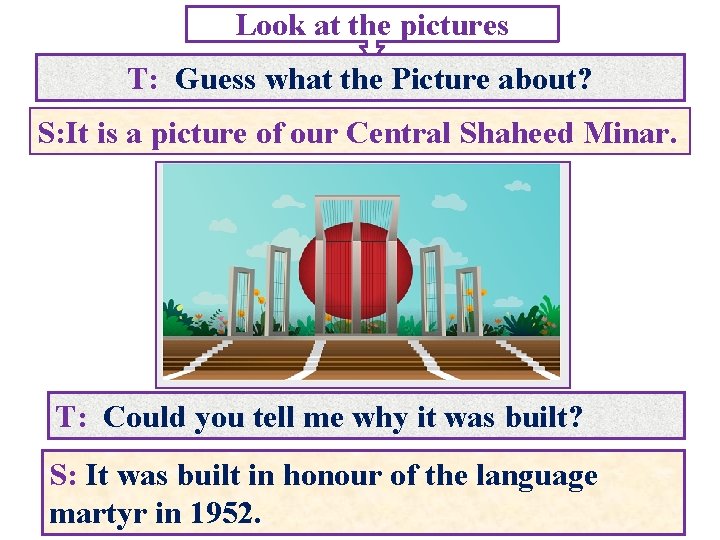 Look at the pictures T: Guess what the Picture about? S: It is a