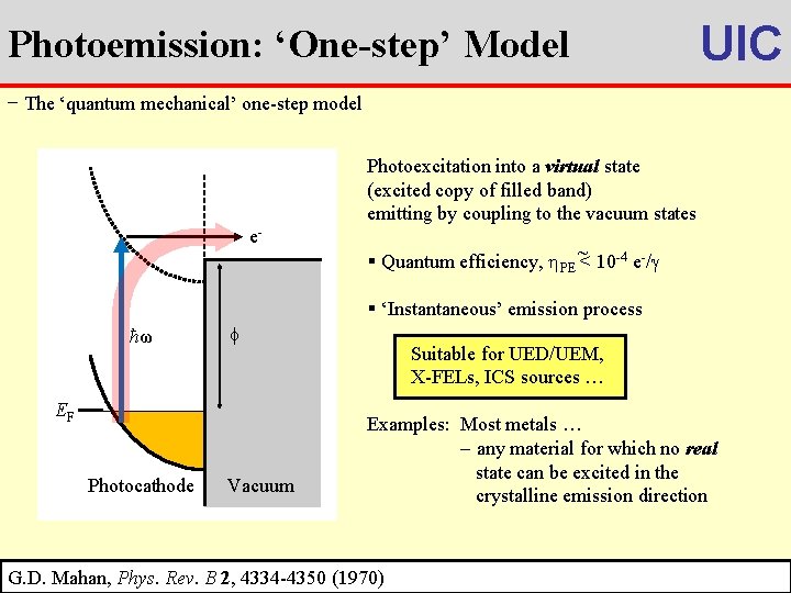 Photoemission: ‘One-step’ Model UIC − The ‘quantum mechanical’ one-step model e- Photoexcitation into a