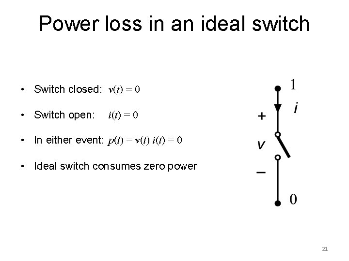 Power loss in an ideal switch • Switch closed: v(t) = 0 • Switch